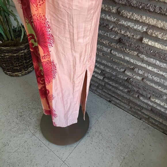 Vintage 60s Hawaiian Togs Peach Floral Tiki Hostess Maxi Empire Waist Dress - Picture 6 of 10